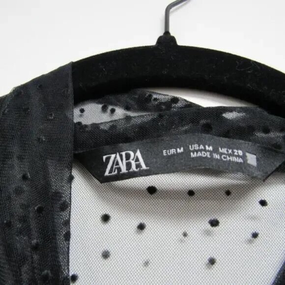 Women's Size M Bow Tie Dotted Mesh Tiered Black Long Sleeve Blouse - Picture 4 of 4